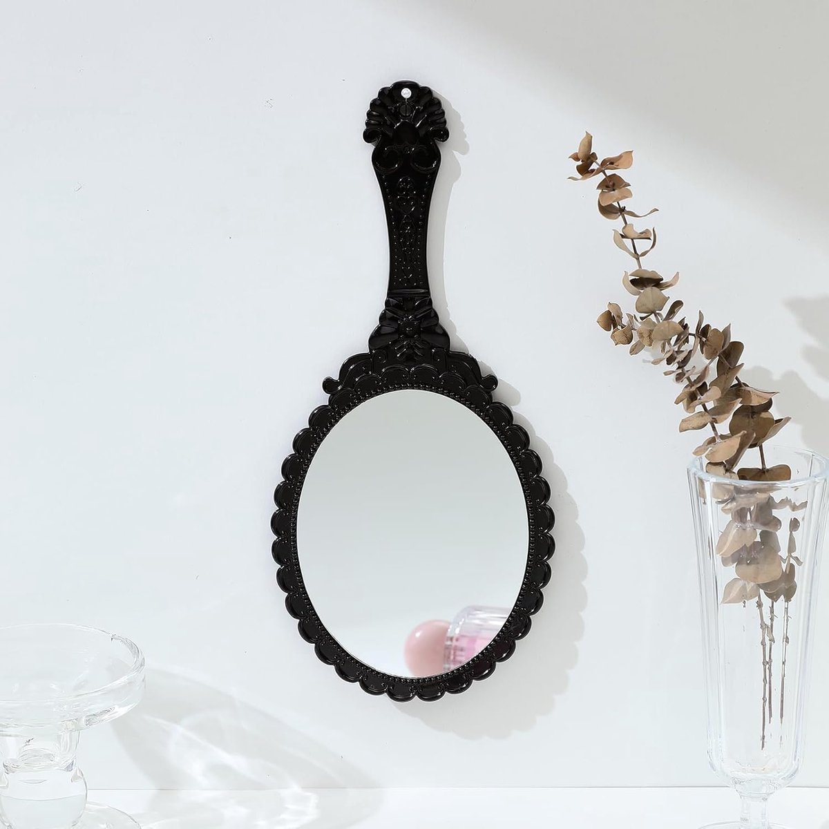 Hand Mirror with Handle - Make-up Mirror - Make-up Mirror - Oval Mirror - Travel Mirror - 12 x 10 cm Mirror Surface - Shaving Mirror - Hairdressing Mirror - Black - Plastic Handle - Image 2