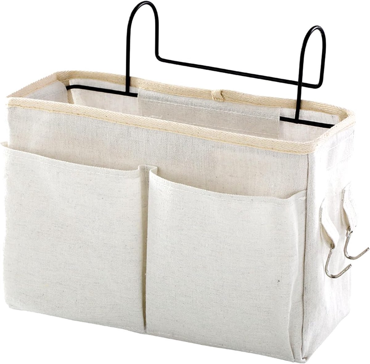 Hanging Basket - Bag Organizer - Bed Bag Holder - Storage Bags - Bed Organizer - Hanging Storage Bags - Dorm Organizer - 30*10*19 cm - Off-White - with 4 Pockets and 2 Hooks - Canvas - for Bunk Bed, Hospital Bed, Dorm, Camping - Image 1