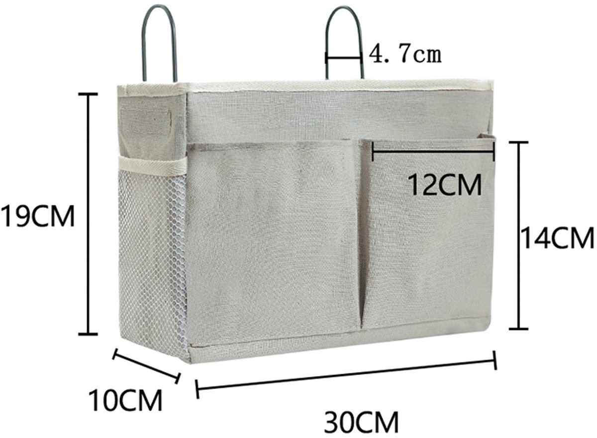 Hanging Basket - Bag Organizer - Bed Bag Holder - Storage Bags - Bed Organizer - Hanging Storage Bags - Dorm Organizer - 30*10*19 cm - Off-White - with 4 Pockets and 2 Hooks - Canvas - for Bunk Bed, Hospital Bed, Dorm, Camping - Image 5