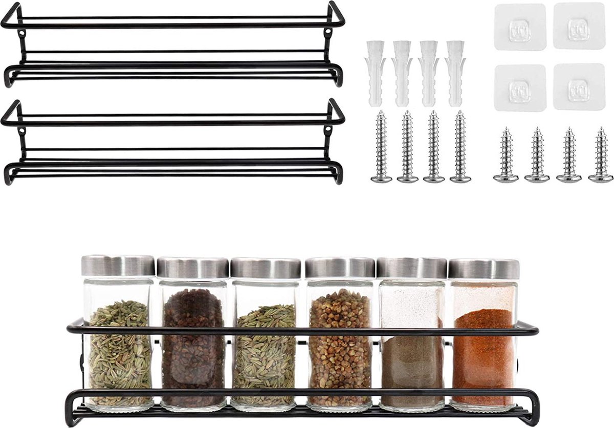2 pieces - Wall spice rack - hanging - Wall rack - kitchen spice rack - hanging organizer - spice rack for kitchen cupboard - Spice Rack - Hanging spice rack - Black - 29*6.5*6.5cm - Image 2