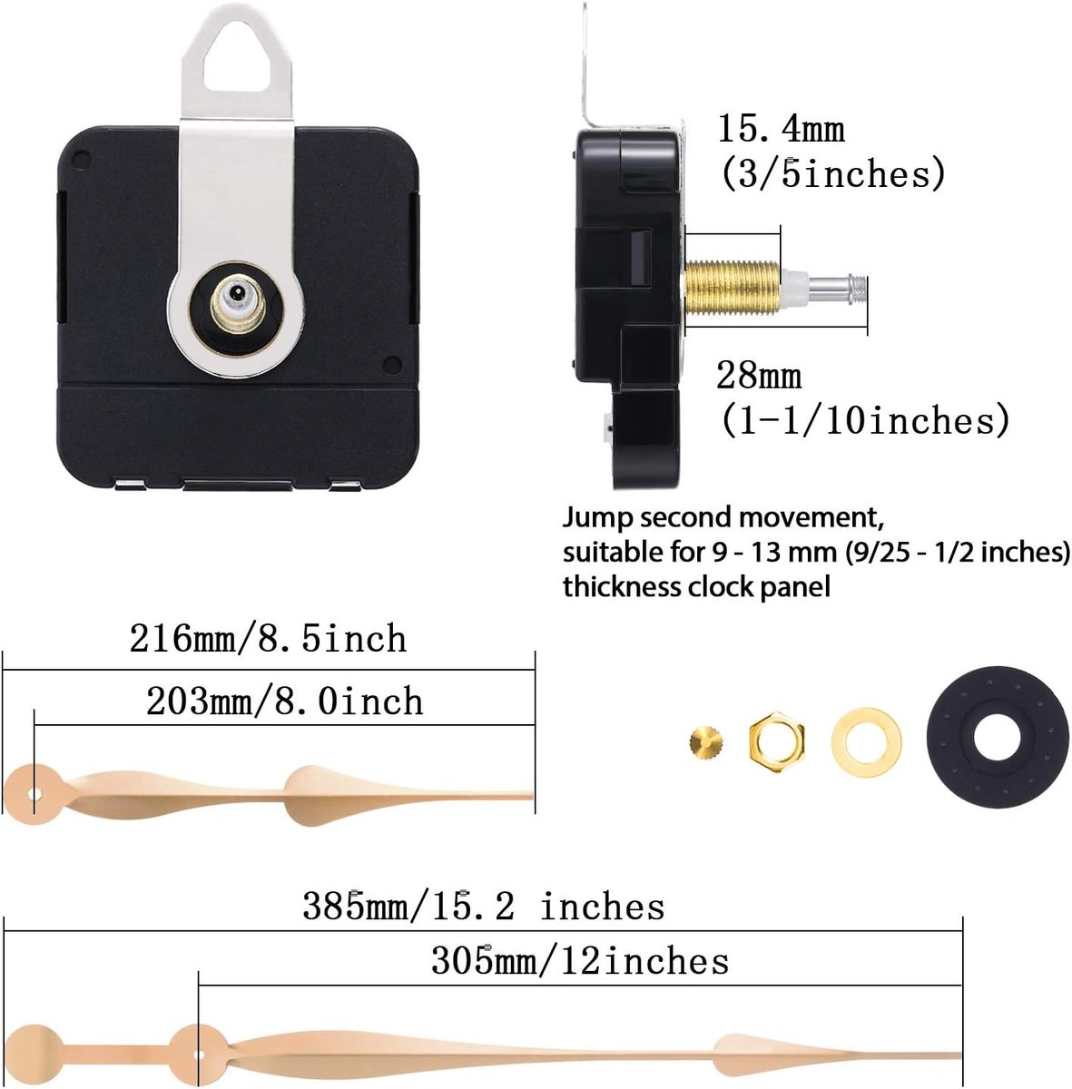 Quartz Clock Movement - Buy and Replace New Loose Clock Movement - High Torque - Long Hands Clock Movement - Gold and Black - Metal - Hour Hand Replacement Clock Movement - For Living Room Decoration, Art Decoration, Office, Bedroom - Image 2