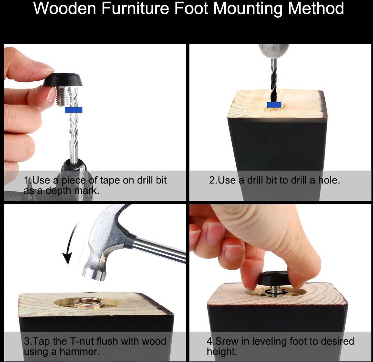 16 pieces Adjustable Furniture Feet - Leveling Pad Base Leg - Table Leg Chair - Adjustable Floor Protection - M6 x 10 x 20 mm - Leveling Leg - Furniture Coaster - Black / Silver - Plastic - Stainless Steel - Leveling Feet - Felt Pads - Floor Protectors - - Image 2