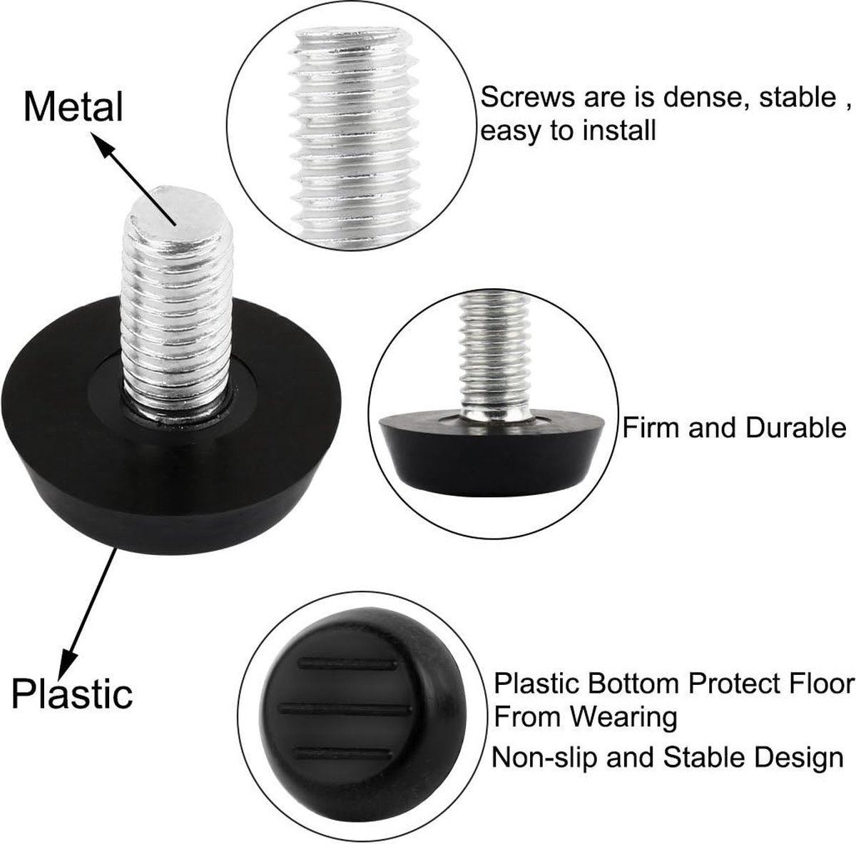 16 pieces Adjustable Furniture Feet - Leveling Pad Base Leg - Table Leg Chair - Adjustable Floor Protection - M6 x 10 x 20 mm - Leveling Leg - Furniture Coaster - Black / Silver - Plastic - Stainless Steel - Leveling Feet - Felt Pads - Floor Protectors - - Image 4