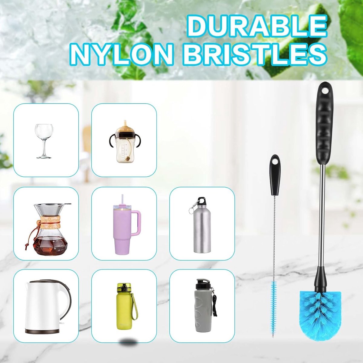 Bottle Brush - 3 Pieces - Bottle Brush - Cleaning Brush - Multifunctional Brushes - Long Bottle Brush - Scratch and BPA Free - Blue - Bottle Feeding Accessories - Image 1