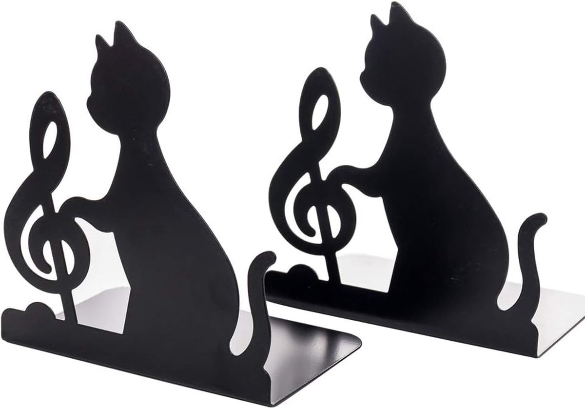 Metal Bookends - Set of 2 - Heavy Duty Black Metal Bookends - Cat Music Note - Non-Slip Durable Sturdy Book Organizer - For Bedroom Library Office - Book Stand - Book Holder - Bookend - Book Holder - Black - Image 1