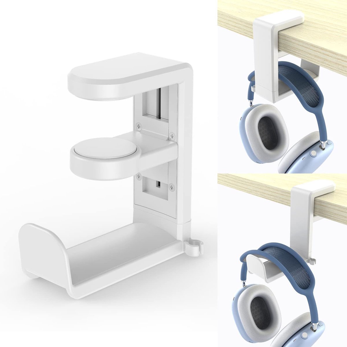 Headset Holder - Headphone Hook - Headphone Stand - Headset Hanger - 11.43 * 10.16 * 4cm - Plastic - White - Adjustable - Rotating Arm Clamp - Non-slip - Headphone Holder for Under Desk - Image 4