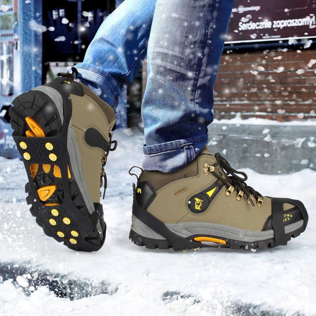 Snow grips over shoes/boots 10 studs Ice Traction Universal Slip on Stretch Fit Snow and Ice, Snow Cleats Crampons Ice Spikes Snow Grips for Winter - L (40-43) - Image 5