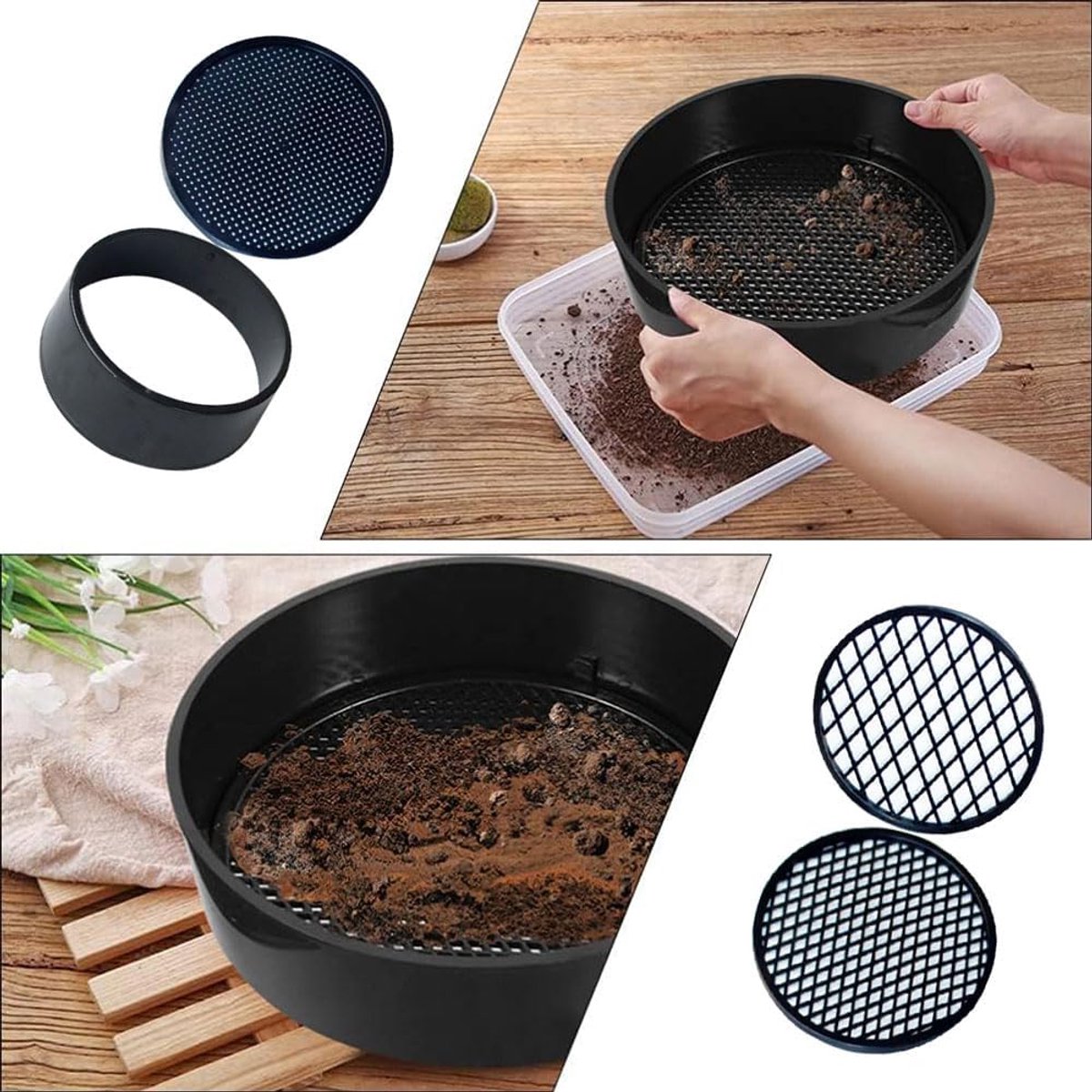 Adjustable plastic garden sieve - 4 in 1 - 12 cm - Compost sieve - Sand sieve - Round - Black - for domestic plants - Image 4