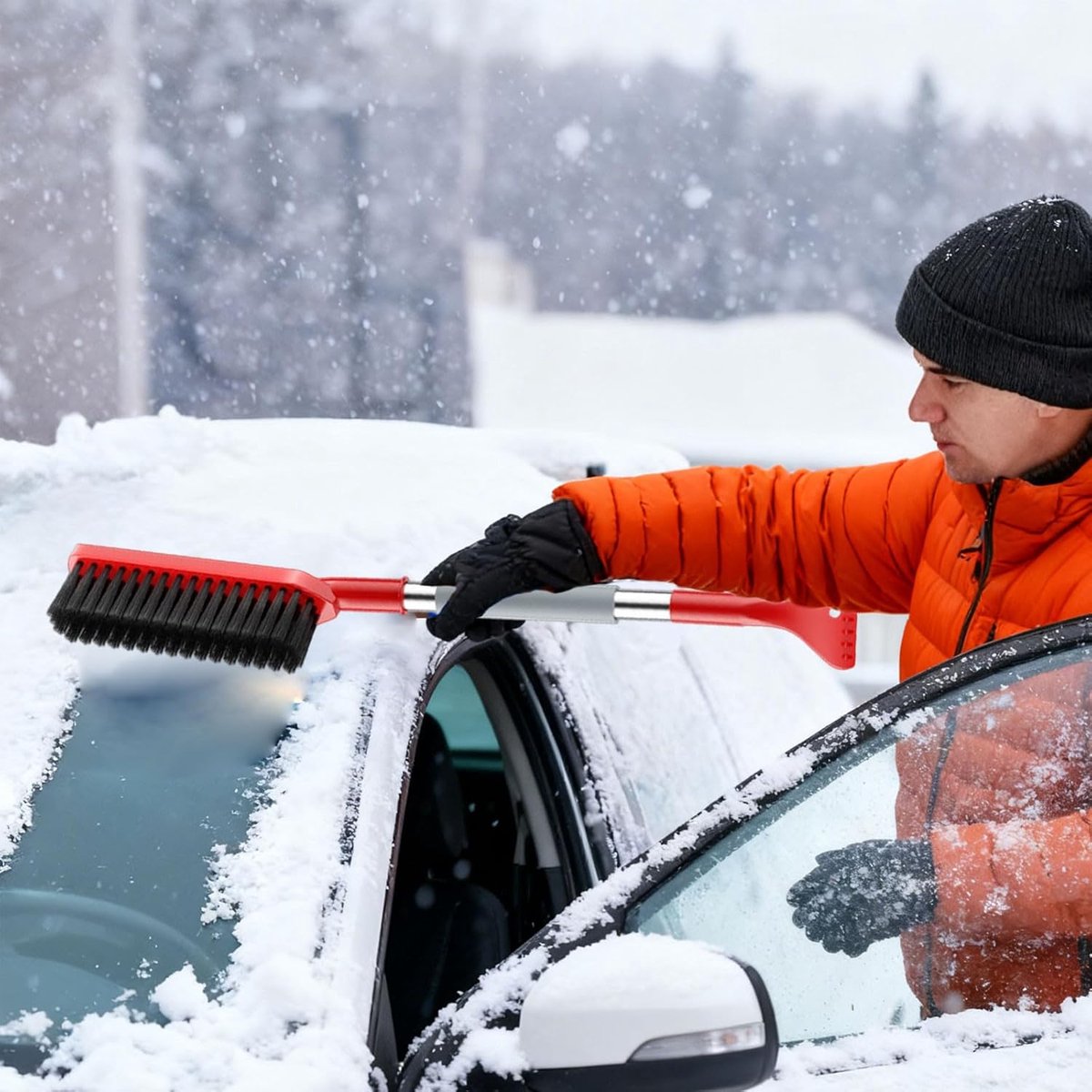 Long Handle Ice Scraper - Car Snow Brush - Plastic - Car Snow Brush with Ice Shovel - Snow Plow - Window Scraper - Defrost Brush - Removable - Winter Accessory - 62cm - Red - Image 2