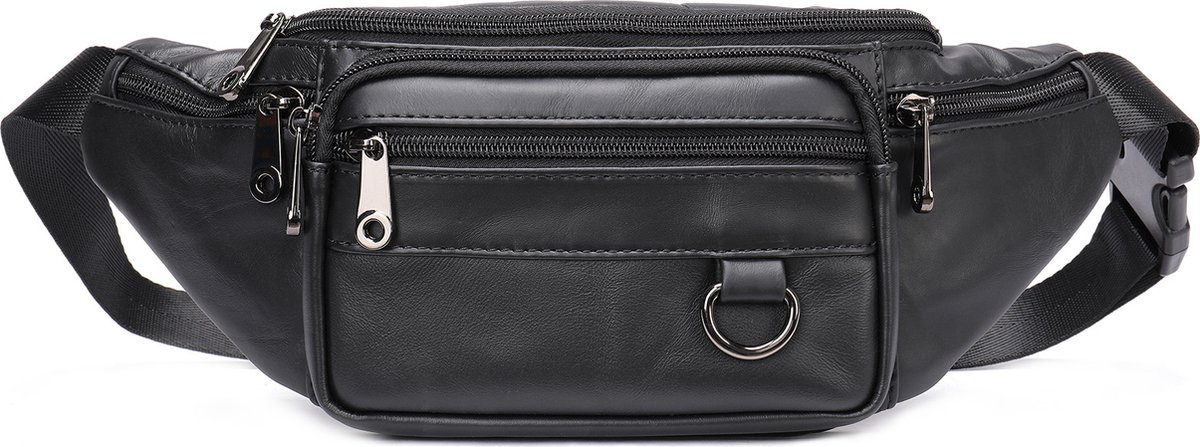 Belt bag - Phone bag - Crossbody - Pouch bag - Leather - Black - 19 x 11 x 3 cm - 6 compartments - Durable - Waterproof - for Travel, Outdoor, Hiking, Sports - Image 1