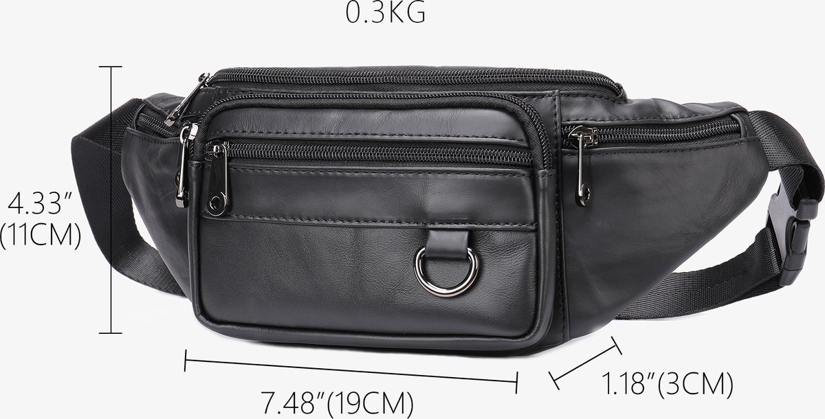 Belt bag - Phone bag - Crossbody - Pouch bag - Leather - Black - 19 x 11 x 3 cm - 6 compartments - Durable - Waterproof - for Travel, Outdoor, Hiking, Sports - Image 3
