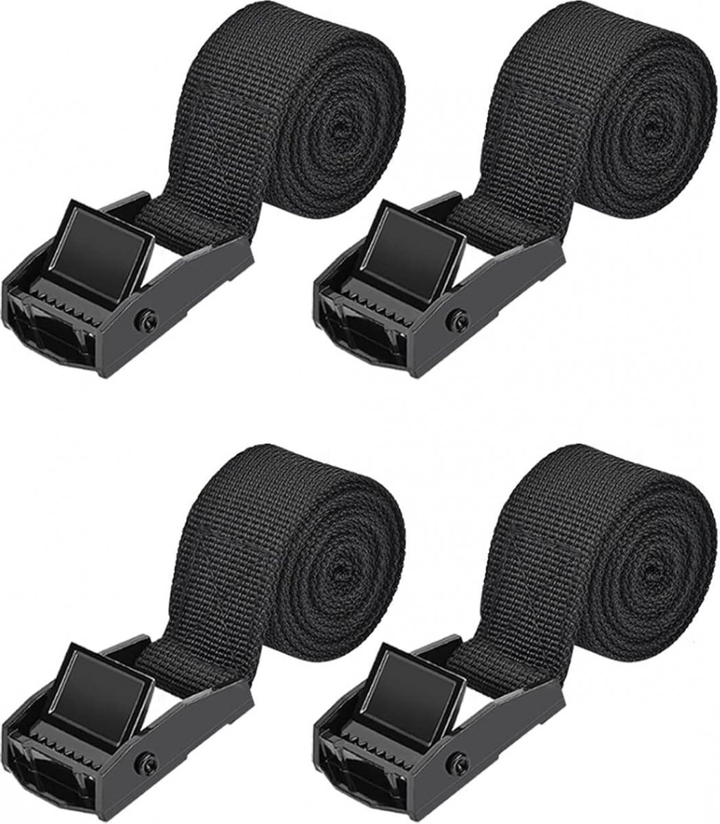 4 pieces - Tension straps - Lashing straps - Fastening straps - 25 MM * 1.5 meters long - Polyester fibers - Black - with buckle - adjustable - for vans, bicycles, trailers, luggage - Image 1