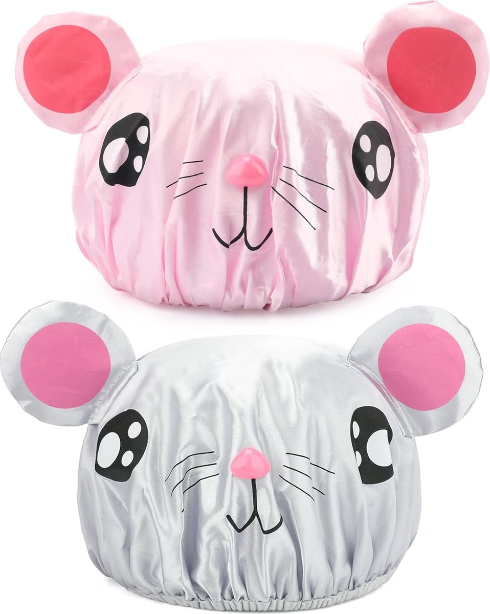 Shower cap - 2 pieces - pink mouse and gray mouse - cute shower cap with double layer - waterproof - Bath cap, children, long hair, shower cap - Image 1