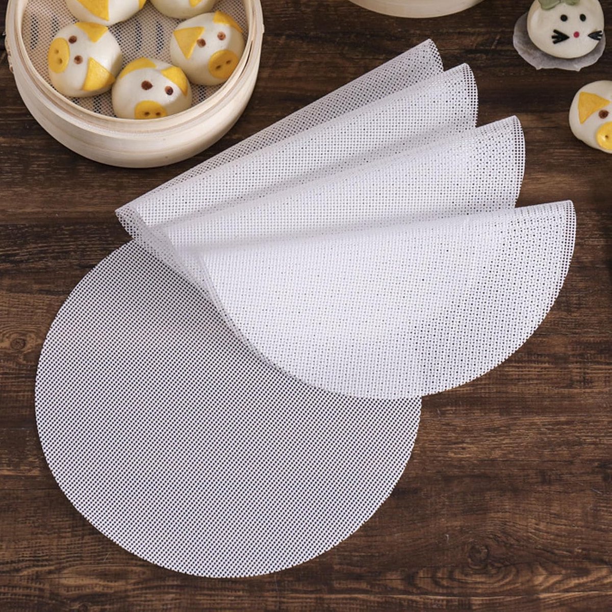 8 pieces Silicone Steam Mat - 32 cm - Reusable - Baking Mats - With Non-stick Coating - Steam Paper - For Dumplings, Buns, Dim Sum - Round - White - Image 1
