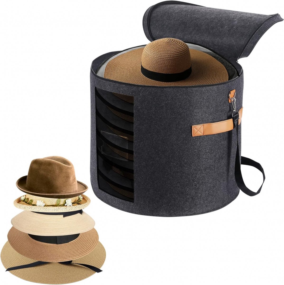Hat box - storage boxes - Hat storage box - round - dark gray - 50 x 43 cm - felt - foldable - with lid and carrying handle and zipper - transparent window - Image 1
