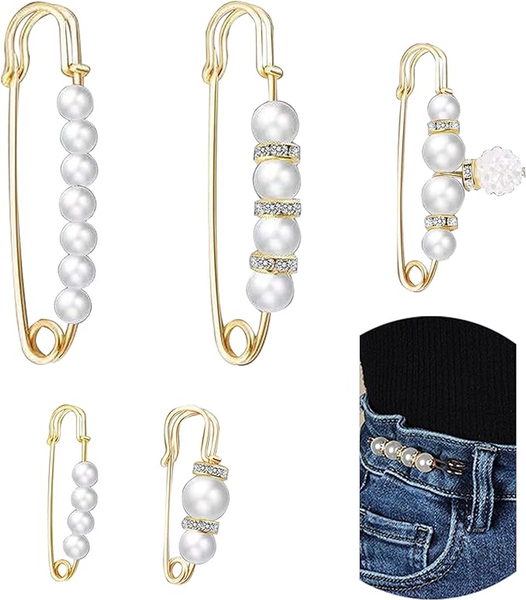5 Pieces - 5 Styles Pin - Button Pins for Jeans - No Sew Jeans Button Pins - Brooch - Pin Closure Decollete - 75mm - Gold - Metal - White Pearl - Image 1