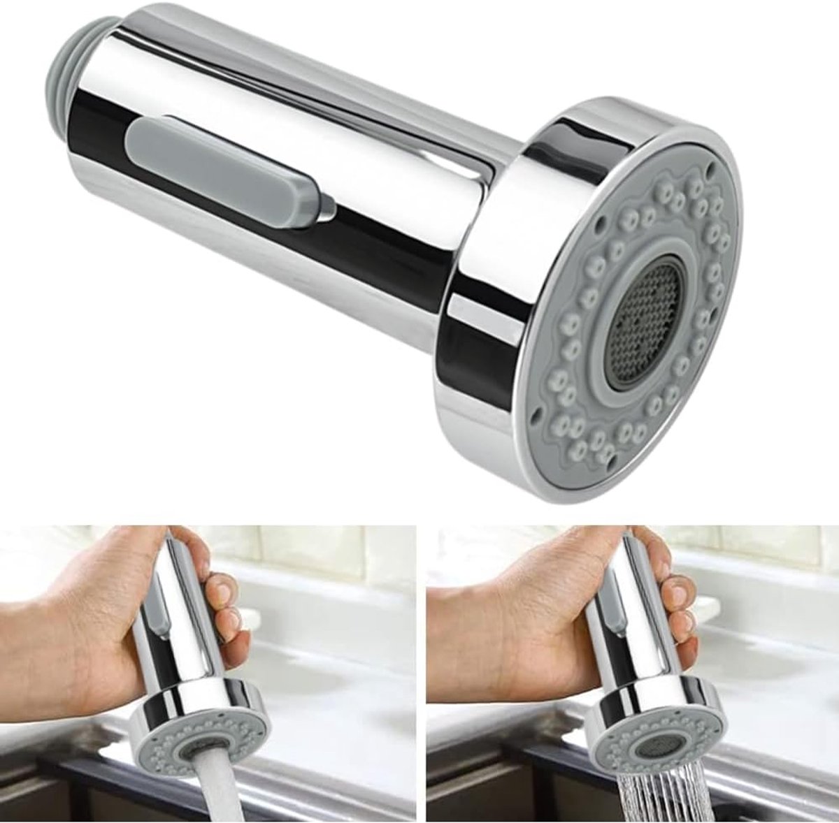 Extendable faucet head - Kitchen faucet head - Spray head - Faucet connector - Faucet attachment - Universal G1/2 - Faucet extension - 2-function - ABS chrome plated - silver - 100*52*52mm - Image 2