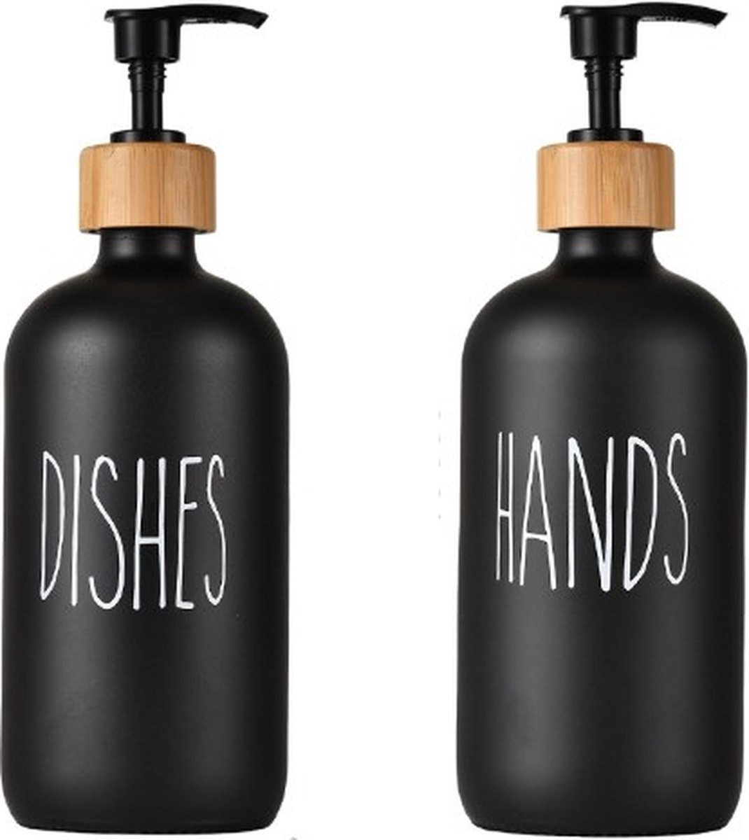 1 set of 2 pieces - Soap dispenser set - for hand soap and dish soap - Soap dispensers - Soap dispenser - Soap pump - Soap bottle - Hand soap pump - Freestanding and refillable - Glass - black - 500ml - Kitchen accessories - Image 1
