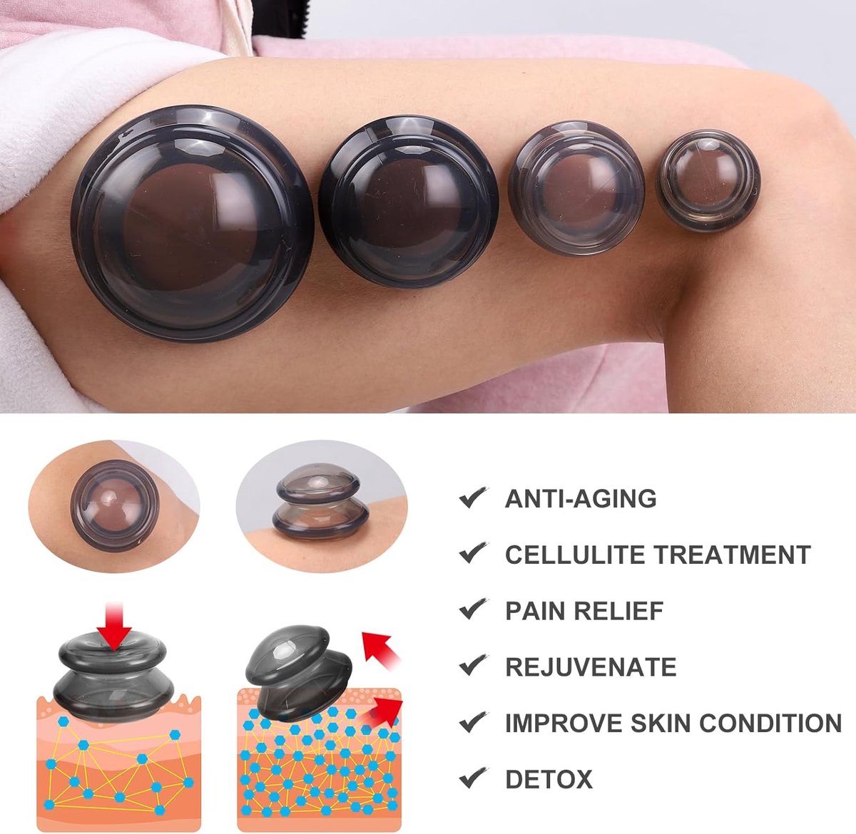 4 pieces silicone cups - Cupping cups - Cupping Set - Cellulite Cups - Cupping For Cellulite - vacuum cup - For reducing cellulite anti-aging relieves pain and joints for buttocks, neck, body - Green - Image 7