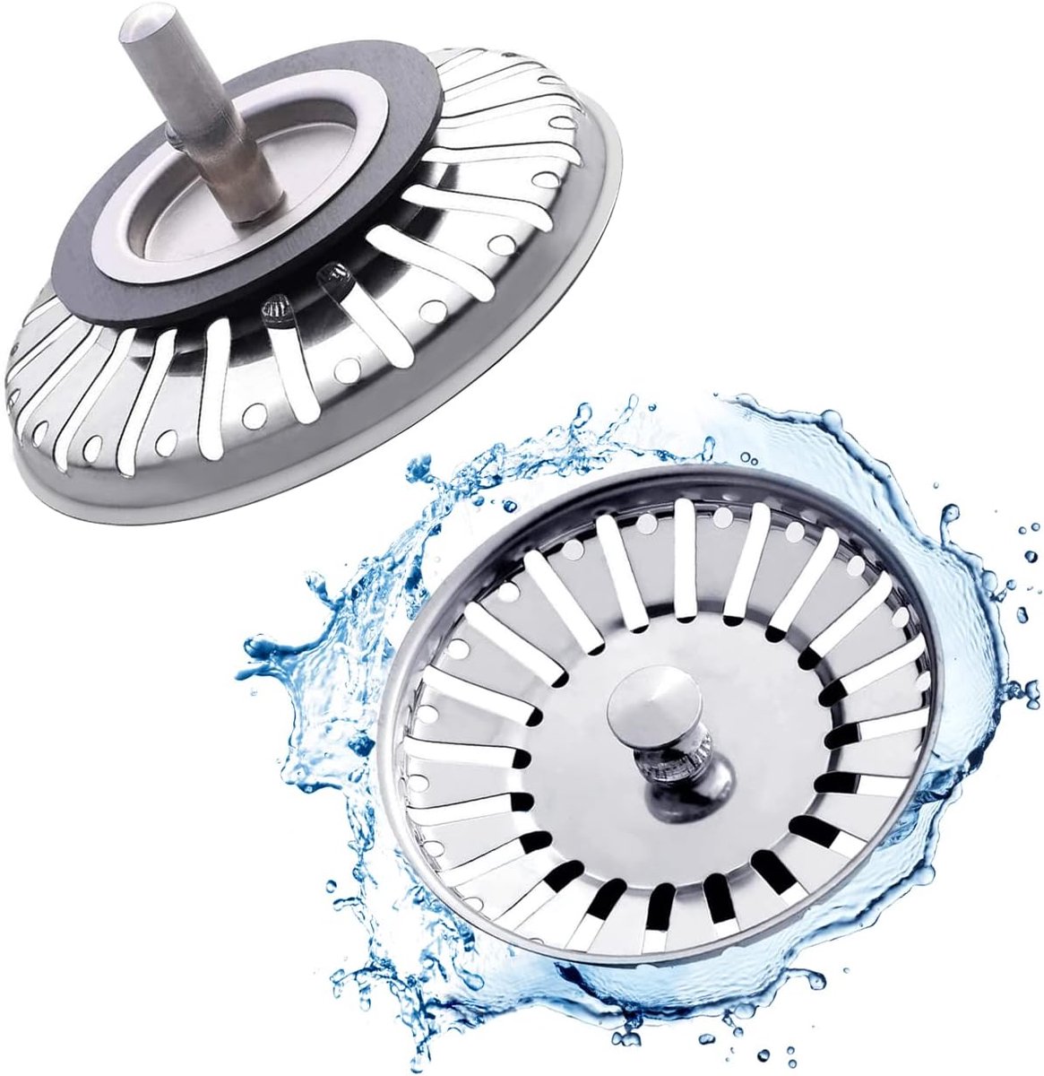 Sink Drain Plug - 2 pieces - Drain stopper - Strainer - 84mm - Stainless steel - Silver - Image 1
