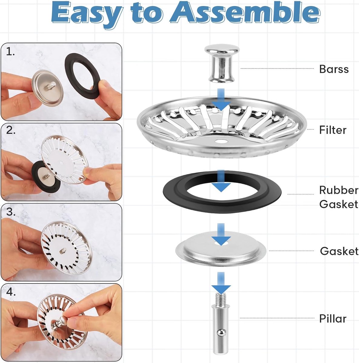 Sink Drain Plug - 2 pieces - Drain stopper - Strainer - 84mm - Stainless steel - Silver - Image 3