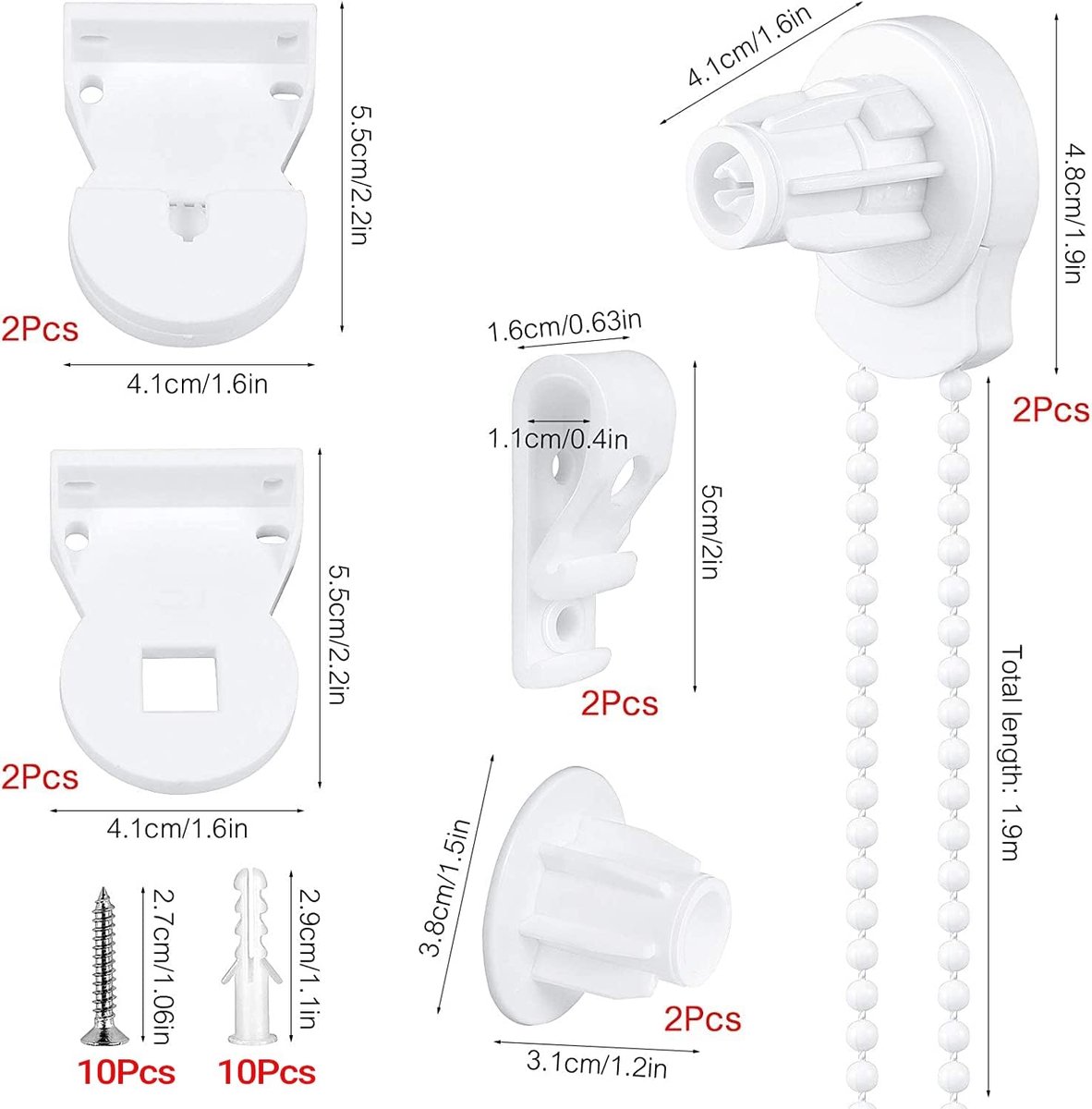 2 set - Roller blind system - roller blind fitting - bead chain - Curtain parts - window decoration accessories - roller blind chain - replacement repair kit for roller blinds - for Ø25 MM roller blind tube - with P-clips and screws - White - Image 2