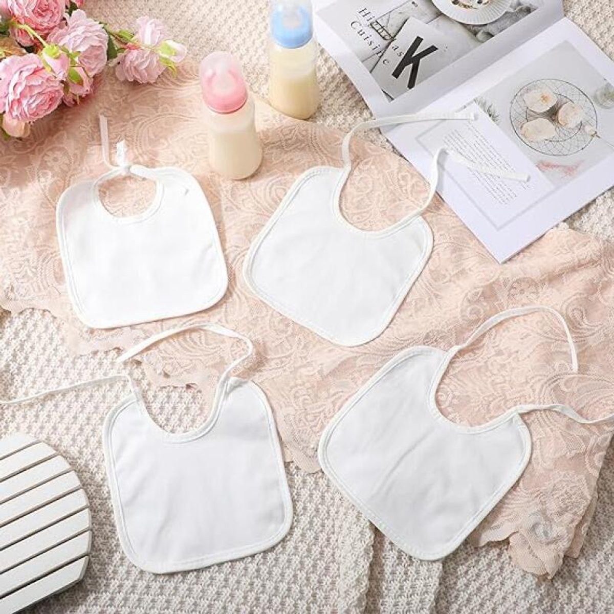Bibs - Pack of 12 - Large Bibs - Cotton - TPU - With Straps - Waterproof - Baby Bibs for Drool - Drool Cloths for Babies and Children - Suitable for Feeding, Wiping Away Drool and Protecting Clothing - 22 X 18 cm - White - Image 5