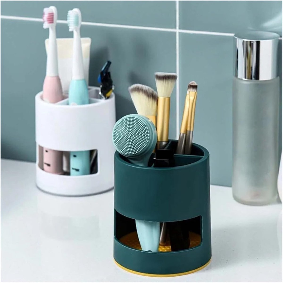 Toothbrush Holder - Bathroom Storage Box - Plastic - Electric Toothbrush Holder - Toothbrush Organizer - 4 Sorting Compartments - With Drip Tray - Multifunctional Desk Shelf - Suitable for Bathrooms, Kitchens and Offices - 10*10*11cm - Green - Image 2