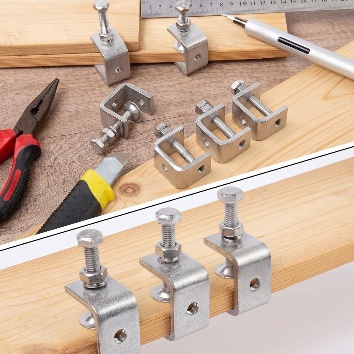 C-Clamps - Pack of 6 - With M8 Hexagon Bolts - Glue Clamps - Adjustable Clamping Range 0-25 mm - For Woodworking and Welding - Stainless Steel - Silver - 2.4*3.2*5.5 cm - Image 5