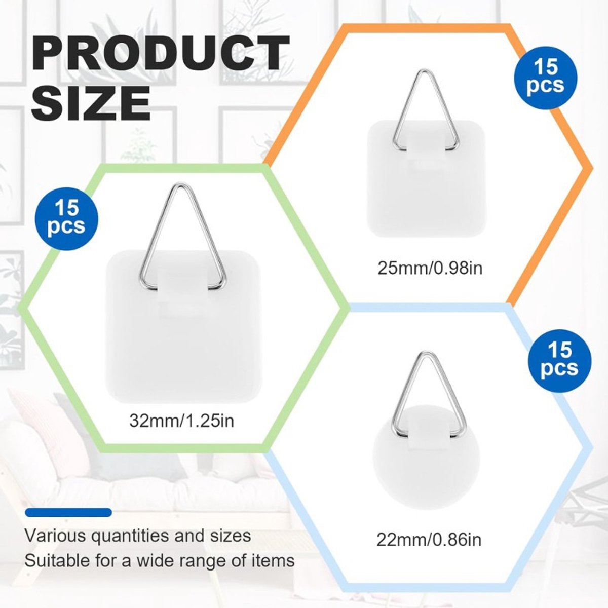 Self-adhesive hooks - Set of 45 - 3 sizes - 5 kg Load capacity - Adhesive hooks - Wall picture hangers - Picture hangers - Picture hanging hooks - For displaying decorative pictures and wall art - White - Image 7