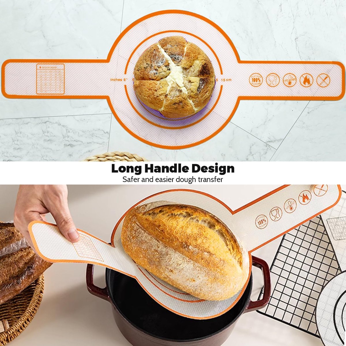 2 Pieces Oven Baking Mat - Bread Sling - Multifunctional - Silicone - Sling Baking Mat with Long Handle - Bread Baking Mat - Reusable Oven Liner with Long Handles - Suitable for air fryer, oven and microwave - 52.5×21.5×0.04cm - Image 5