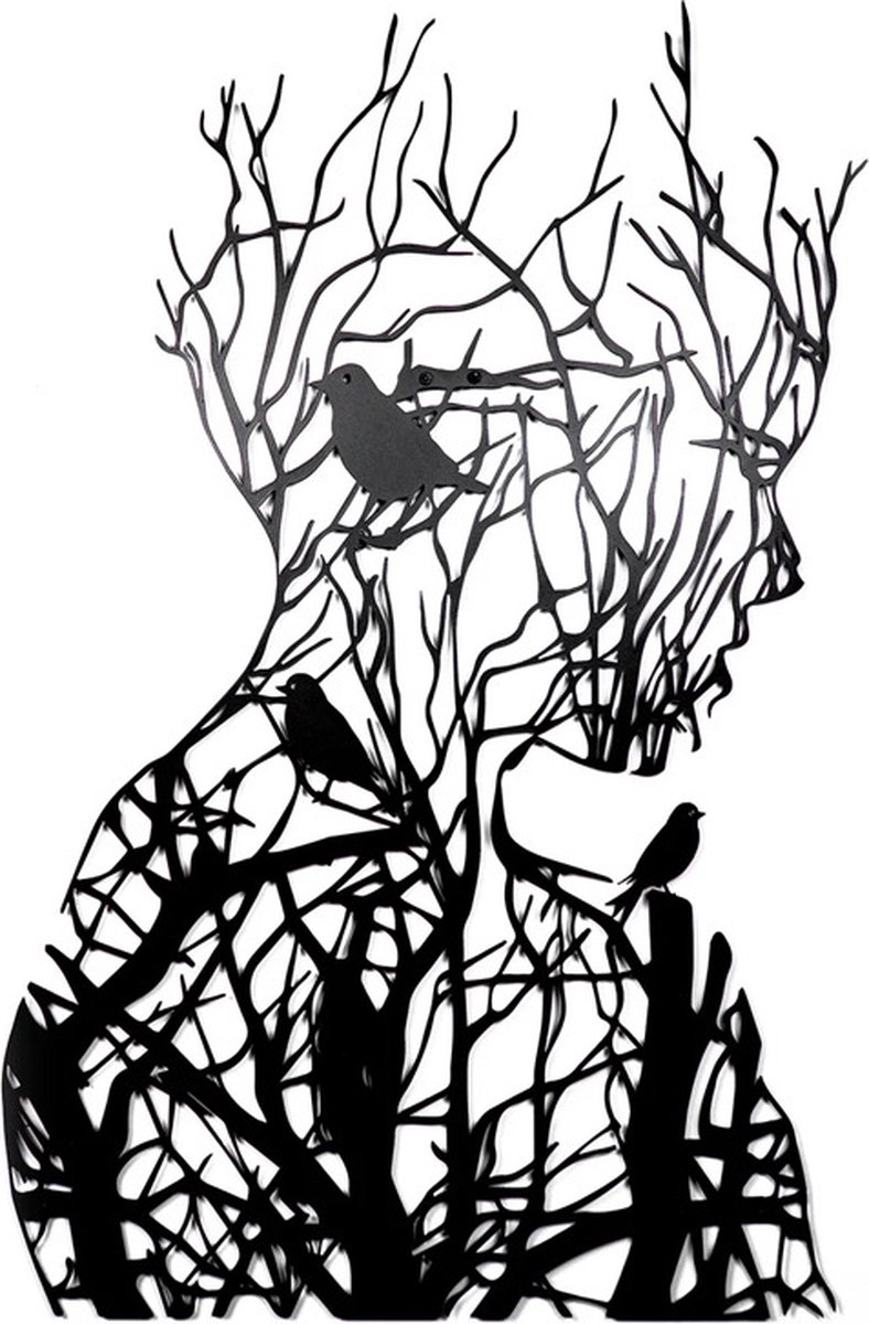 Wall decoration - wall decoration - Wall Art - Line art - wall decoration living room - Tree branch woman silhouette - black and white - Metal - 30*21cm - Image 1