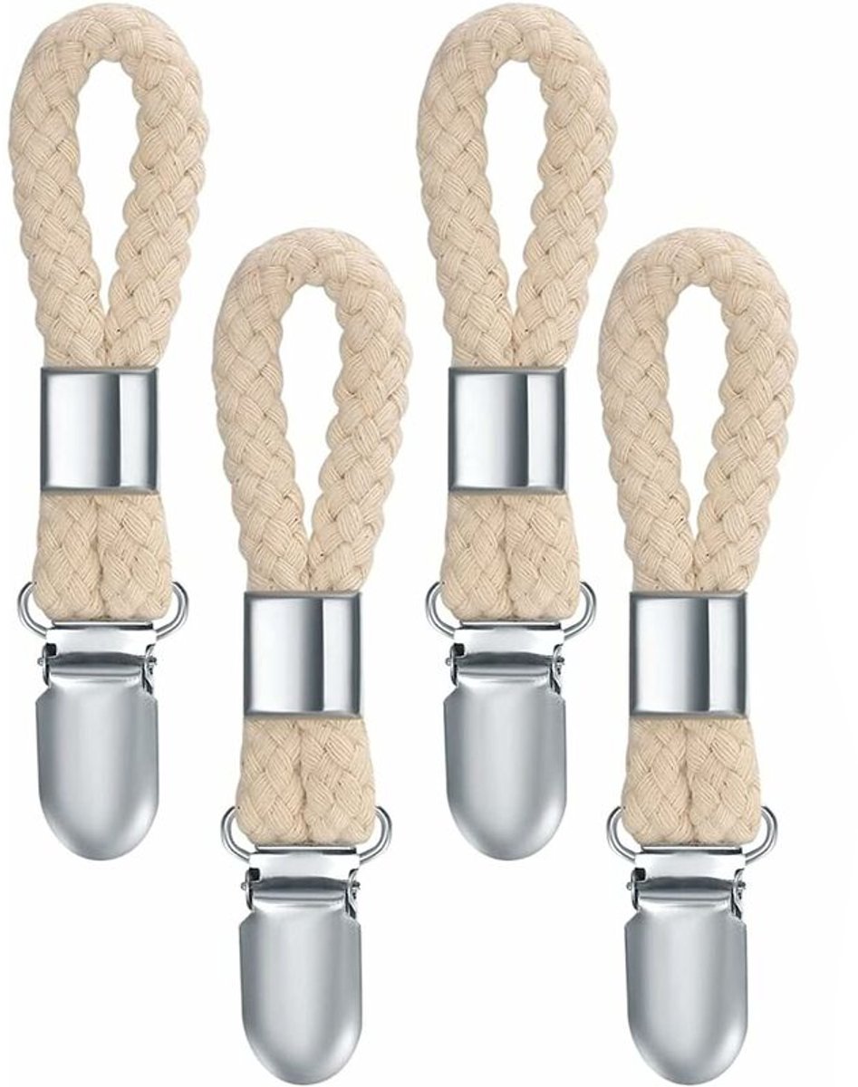Towel hooks - 10 pieces - Tea towel hooks - Towel clips - Iron and cotton rope - beige and silver - 2.3x11.5cm - for hanging tea towels, beach towels, bath towels - Image 1