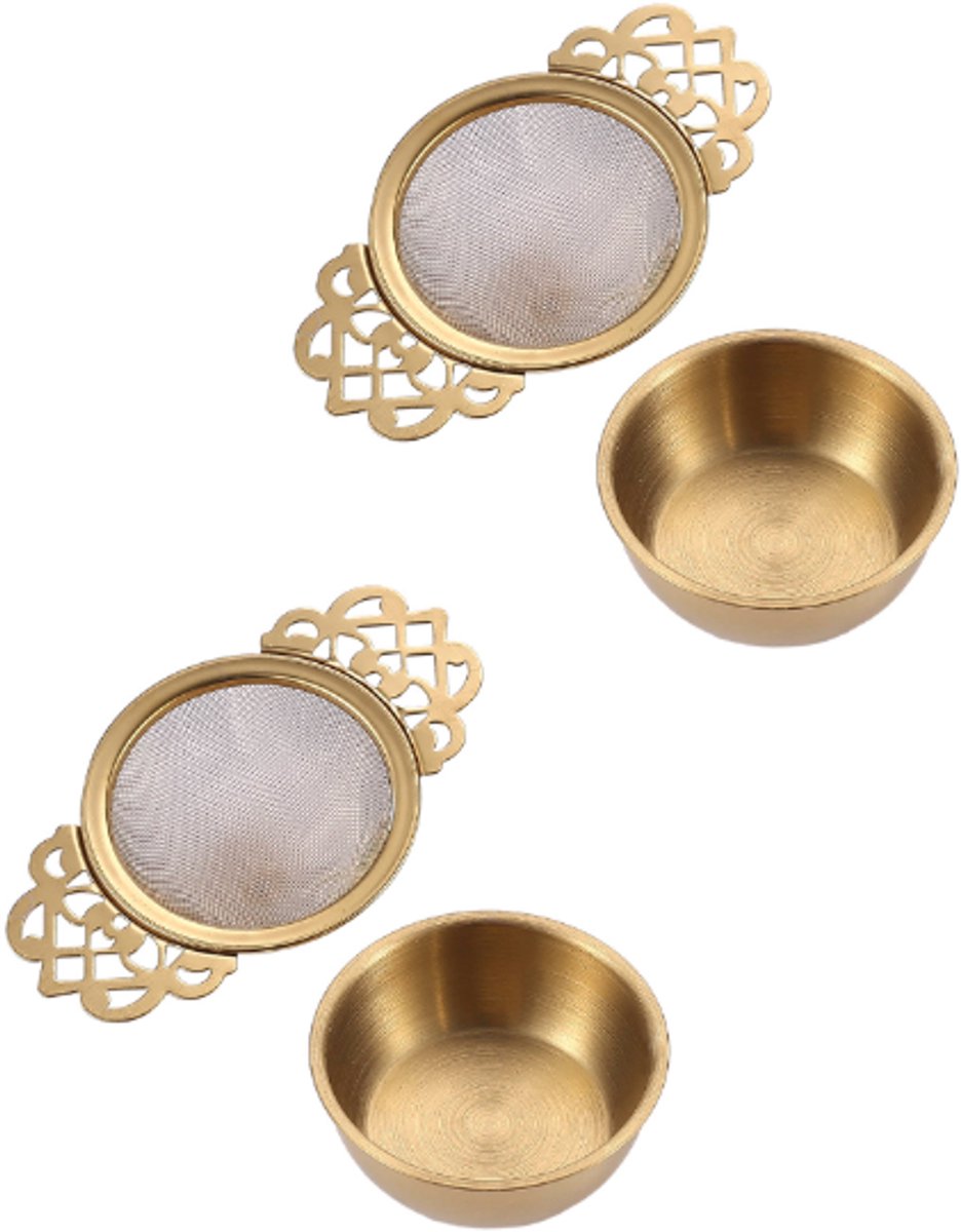 2 pieces - Tea strainer - Tea strainer - With handle and drip plate - gold - Tea filter for loose tea - Tea infuser - Stainless steel tea filter - 11.2*6.5*2.5cm - Image 1