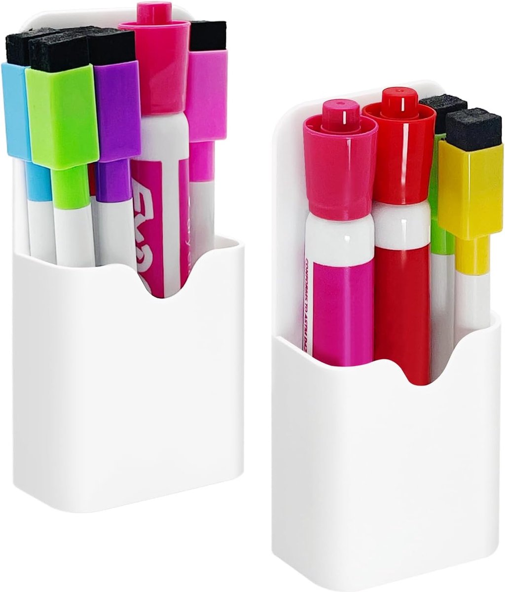 2 Pcs Magnetic Pen Holders, Magnetic Dry Erase Marker Holders, Magnetic Pencil Holders for Fridge, Whiteboard Marker Holder for School, Office, Home, Magnetic Marker Organizer, White - 5.6*12cm - Image 1