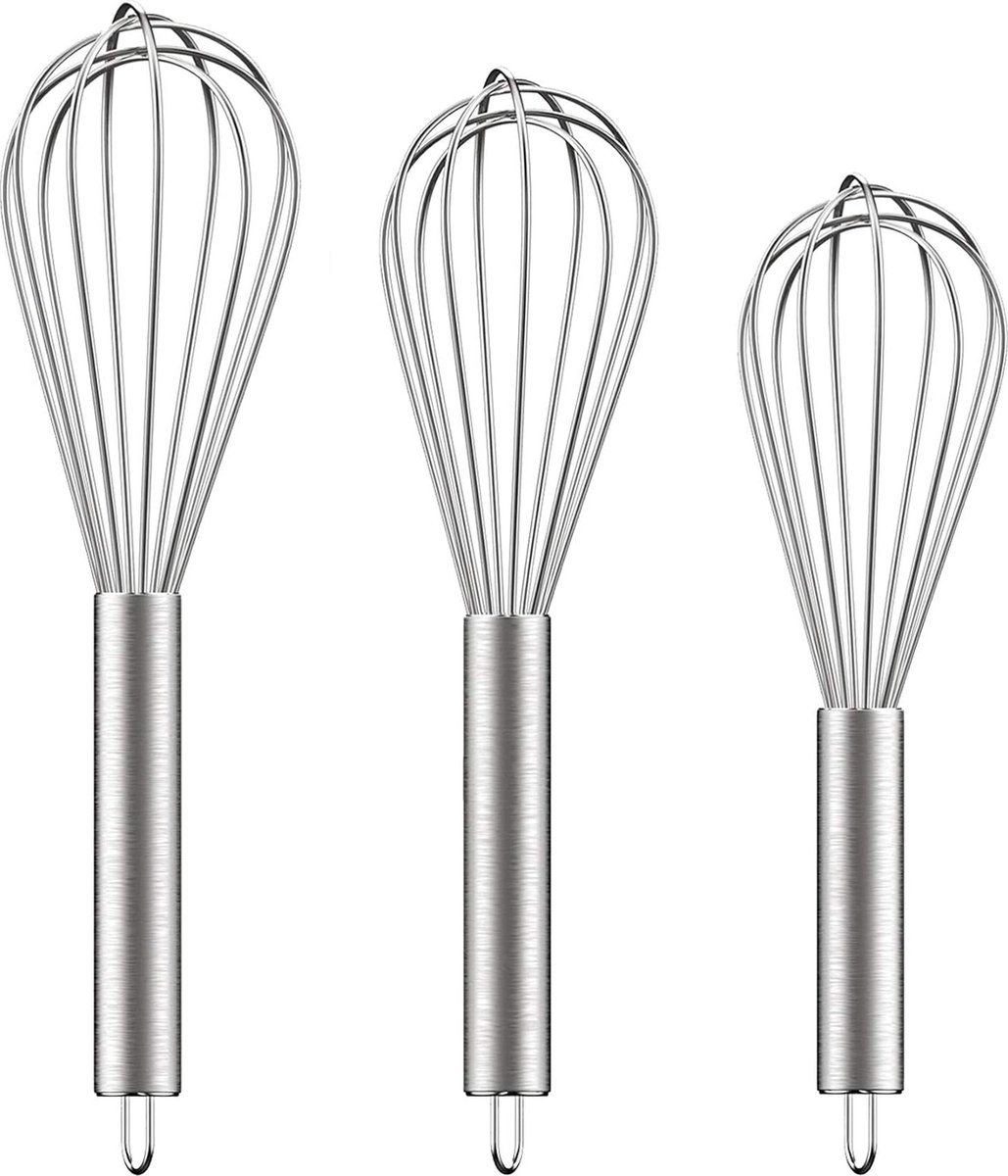 3 pieces - egg beater - Hand mixer - Manual egg beater - 8 inch + 10 inch + 12 inch - Cream mixer - for baking in the kitchen - silver - stainless steel - Image 1