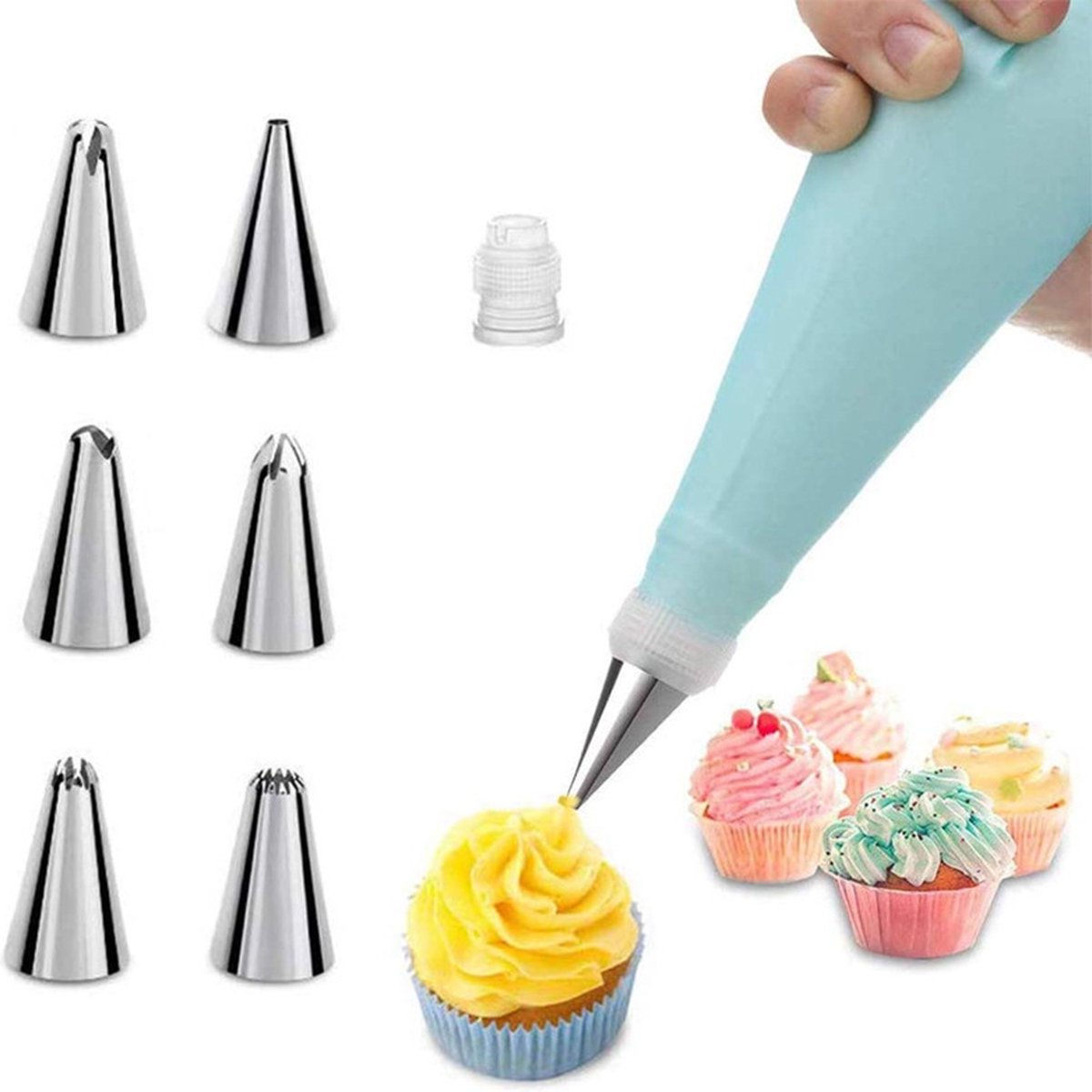Silicone Piping Bags and Nozzles Set - With 6 Nozzles - Reusable Pastry Icing Bags - For Cupcakes, Cookies, Cream Cake Decorating - Blue - Image 1