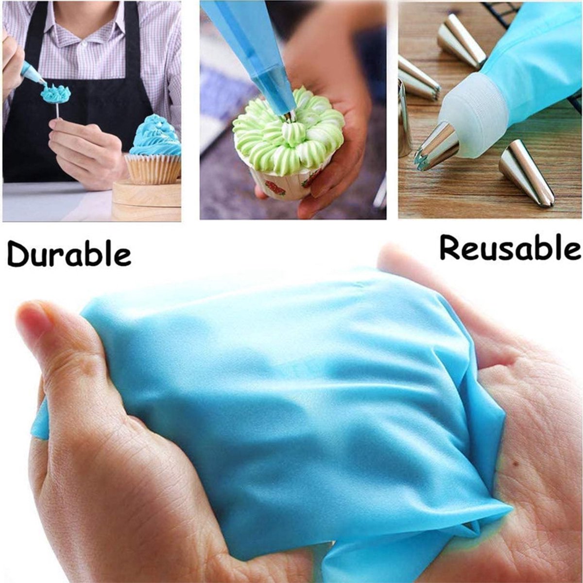 Silicone Piping Bags and Nozzles Set - With 6 Nozzles - Reusable Pastry Icing Bags - For Cupcakes, Cookies, Cream Cake Decorating - Blue - Image 4