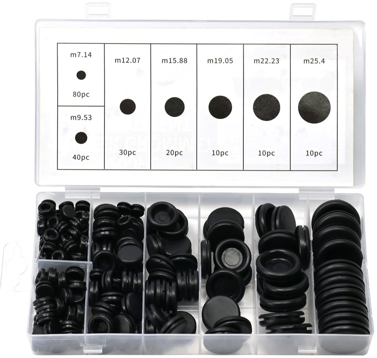 Rubber Grommet - Pack of 200 - Black - 7mm/9mm/12mm/16mm/20mm/22mm/25mm - Closed Rubber Grommet - For Wire, Electrical Installation, Cable Protection - Round Rubber Stopper - Image 1