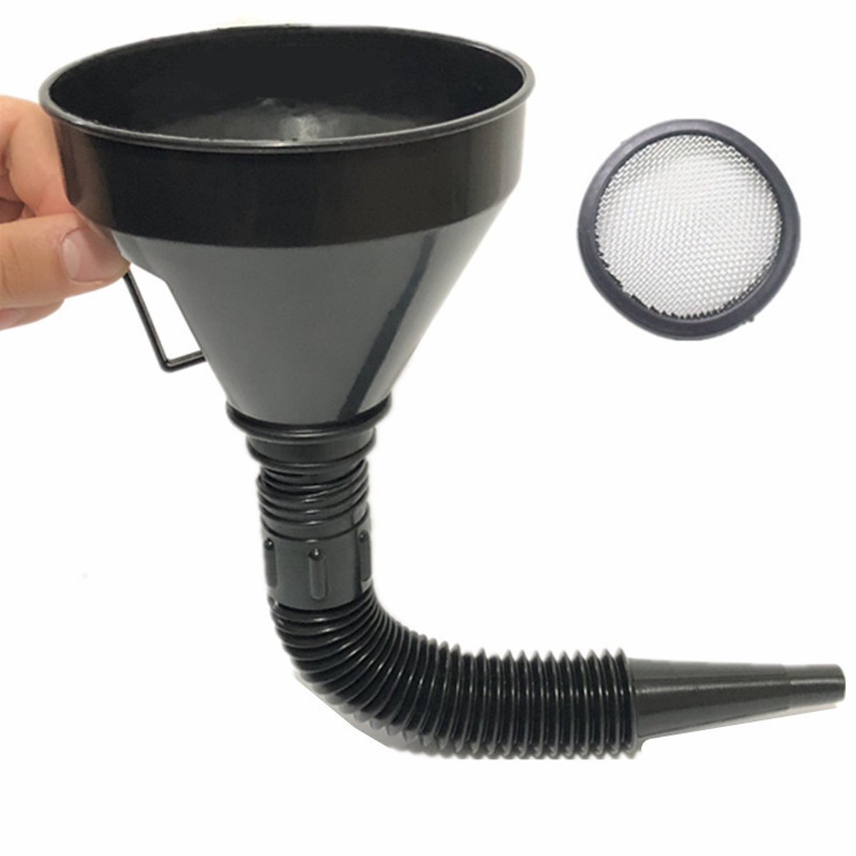 Car oil funnel - With flexible spout and filter - Ø 142 mm - 39 cm - Black - Plastic - Flexible hose - Filling up oil / petrol - Image 1