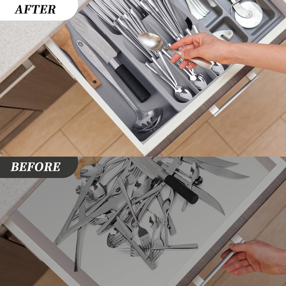 2 in 1 Storage Box - Cutlery Organizer - Cutlery Tray - Drawer Organizer - Multifunctional Cutlery Tray - Pull-out Cutlery Tray - Cutlery Tray Drawer Divider - Small Cutlery Tray for Kitchen - Storage Bins for Cutlery Storage - Gray - PP - 40.5*16.5*5.5cm - Image 2