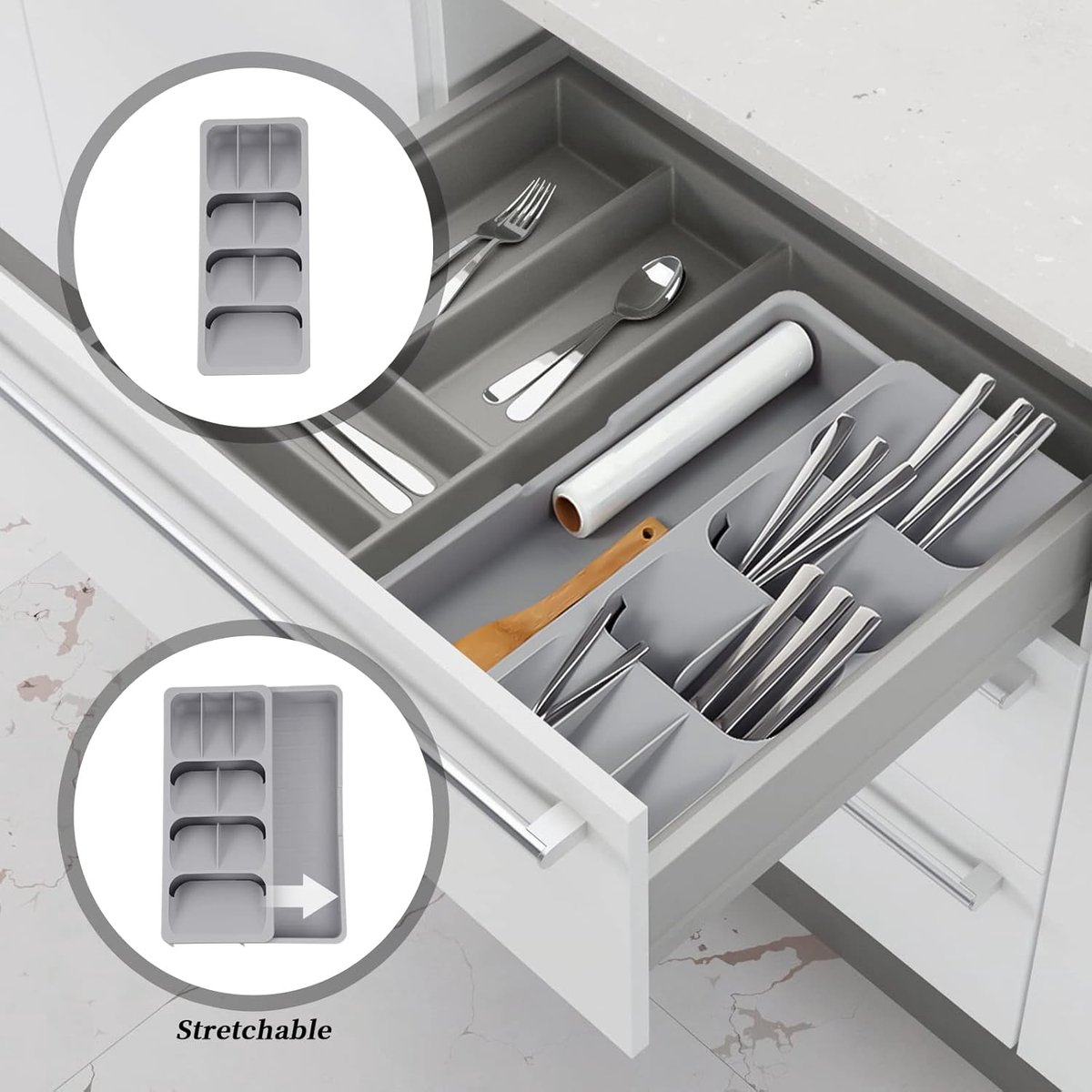 2 in 1 Storage Box - Cutlery Organizer - Cutlery Tray - Drawer Organizer - Multifunctional Cutlery Tray - Pull-out Cutlery Tray - Cutlery Tray Drawer Divider - Small Cutlery Tray for Kitchen - Storage Bins for Cutlery Storage - Gray - PP - 40.5*16.5*5.5cm - Image 3