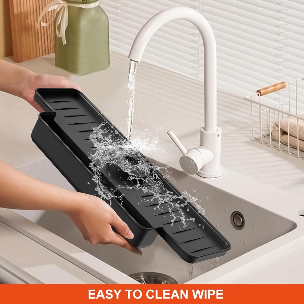 Silicone tap mat with sponge holder - tap drain mat - sink organizer - drain mat - BLACK - For kitchen, bathroom, countertop, worktop - 40 cm - Image 4