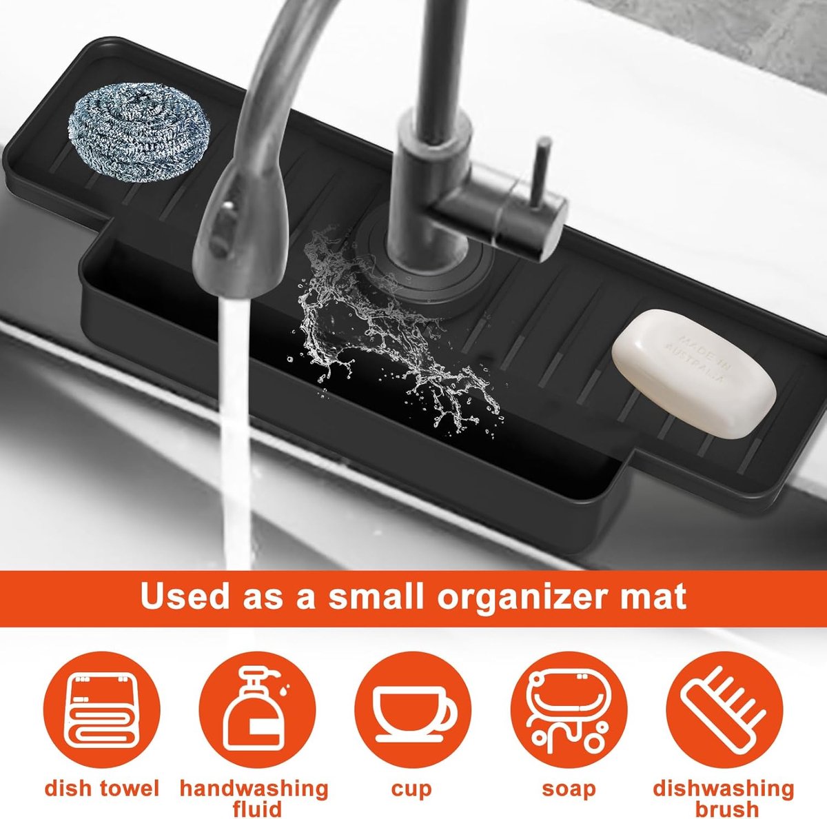 Silicone tap mat with sponge holder - tap drain mat - sink organizer - drain mat - BLACK - For kitchen, bathroom, countertop, worktop - 40 cm - Image 7