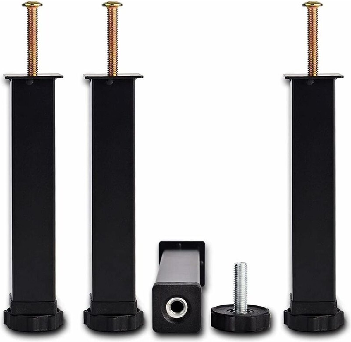 Bed frame support leg - 4 pieces - 35 cm (+2 cm) adjustable - black - cold-rolled iron - furniture support legs - adjustable bed legs - retractable - for frames with M8×60 mm bolt - Image 1