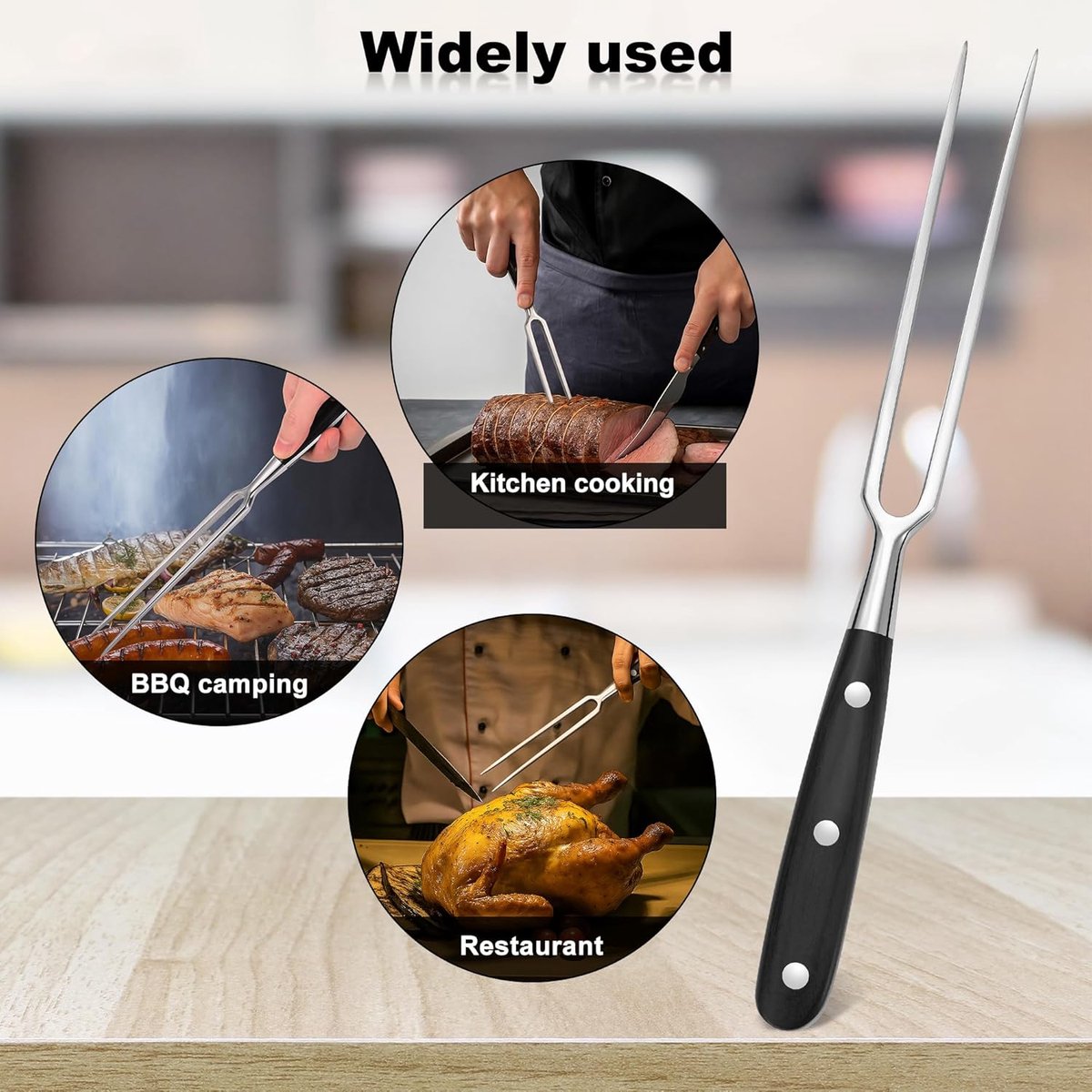 Waffle Fork - Meat Fork - Stainless Steel - With Handle - Serving Fork - Carving Fork - Waffle Iron Accessory - Cookware - Kitchen Utensils - For Grill Kitchen Turkey Roast Dinner - 30 cm - Black - Image 4