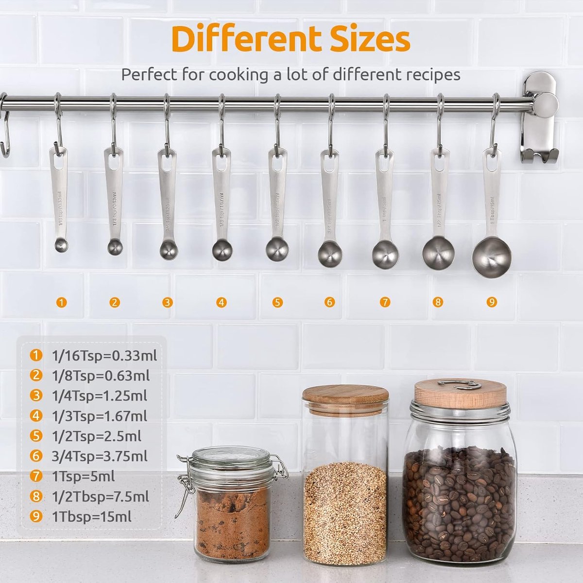 Measuring Spoons Set - 9 Pieces - Measuring Spoons Cups - BPA Free - Measuring Spoons - Measuring Spoons - Gram & ML Weighing - Measuring Spoons - Measuring Cups Spoons - Measuring Spoons - Stainless Steel - Silver - 15ml / 7.5ml / 5ml / 3.75ml / 2.5ml / - Image 6
