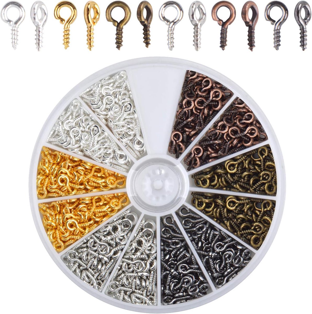 600 pieces - Screw hooks - Screw hook - Screw eyes - Screw eye - Small hook - Wall hook - Length 8 mm - Metal - color - with screw mounting - with storage box - Image 1
