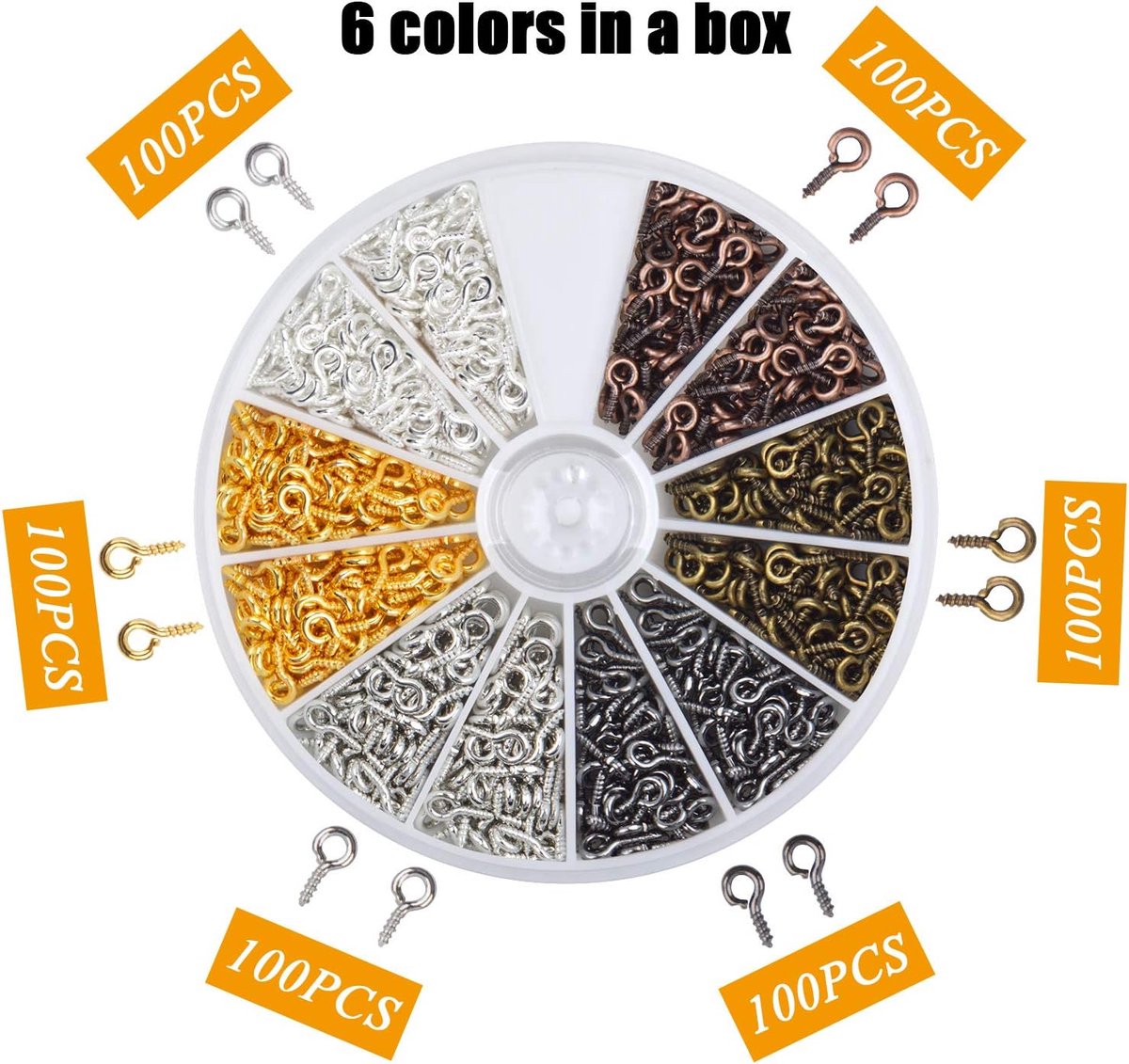 600 pieces - Screw hooks - Screw hook - Screw eyes - Screw eye - Small hook - Wall hook - Length 8 mm - Metal - color - with screw mounting - with storage box - Image 2
