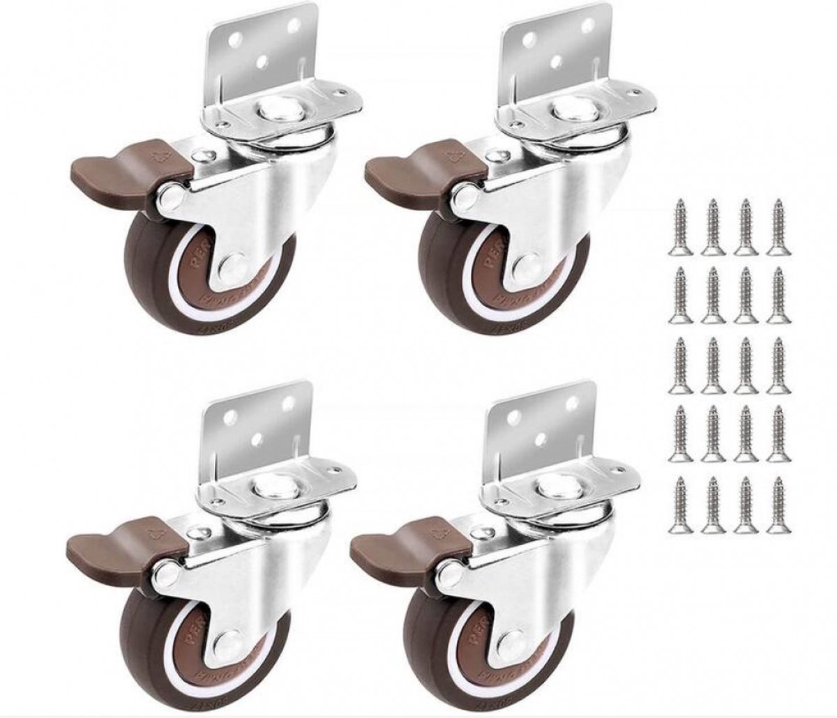 Casters Set of 4 with Brakes - 25mm + Screws TPR Rubber Heavy Duty Wheels 15KG - Furniture Casters for Furniture - Casters for Trolley - Heavy Duty Casters - Rubber Trolley Wheels - Image 1